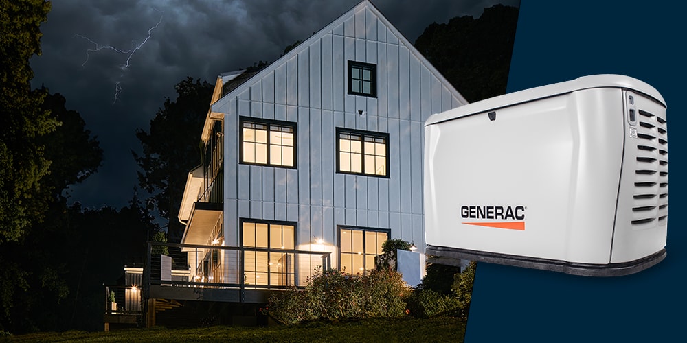 Generac home standby generator layered on top of a home with the lights on in the dark