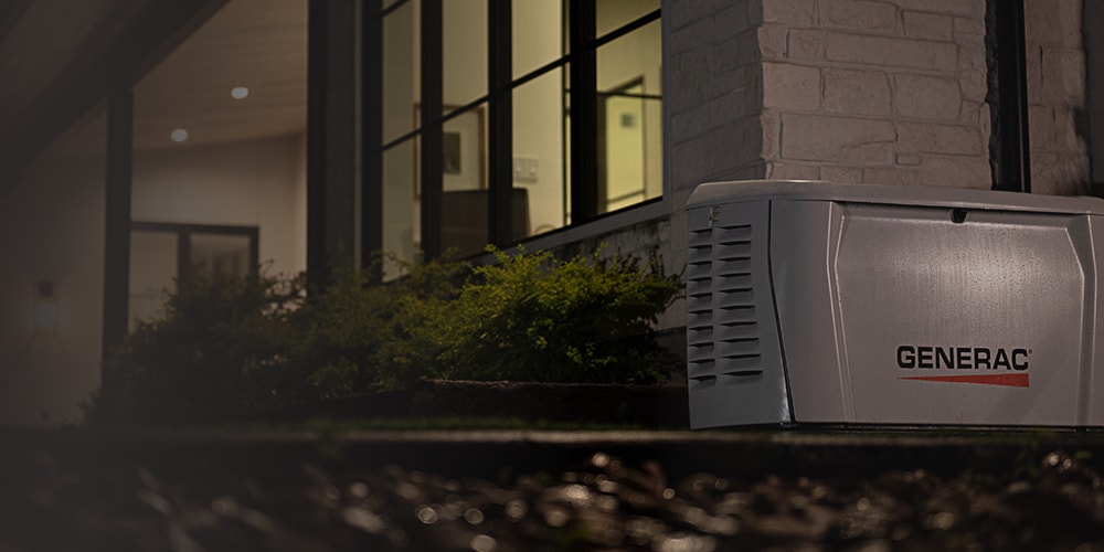 Generac home generator powering a home in a rainstorm