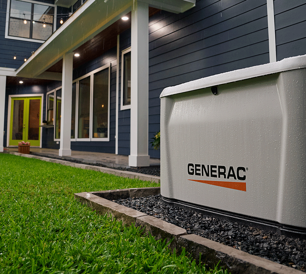 Generac home standby generator powering a home in the rain
