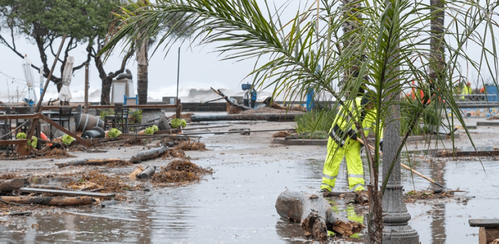 Damage from a hurricane and relief efforts
