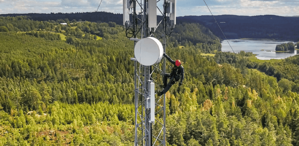 Person near the top of a telecommunications tower in the forest.