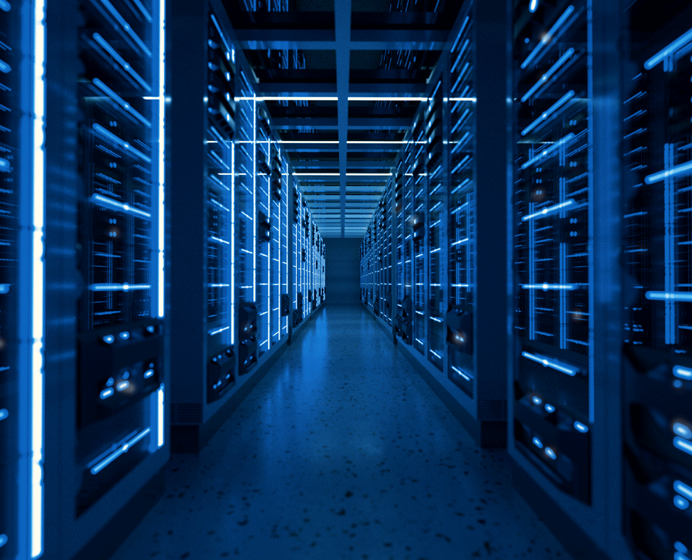 gif of a blue data center with twinkling lights