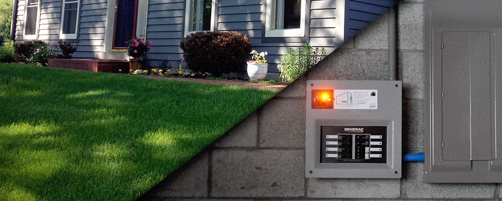 Dual image of a home and front lawn, and another shot of transfer switches against cement blocks.