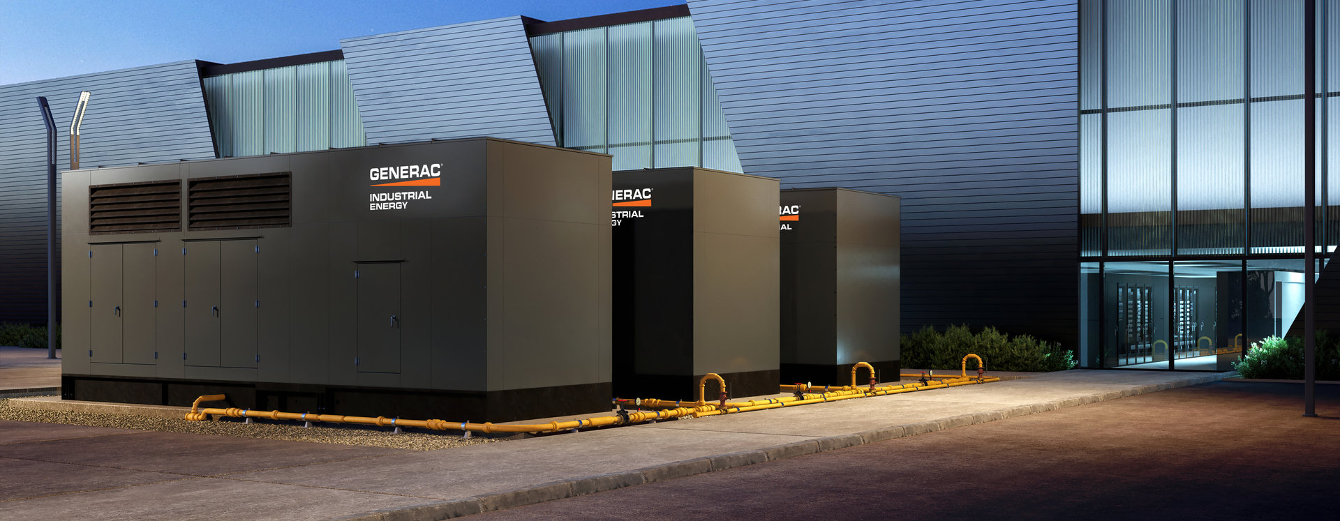  Three large Generac generators are installed outside a data center