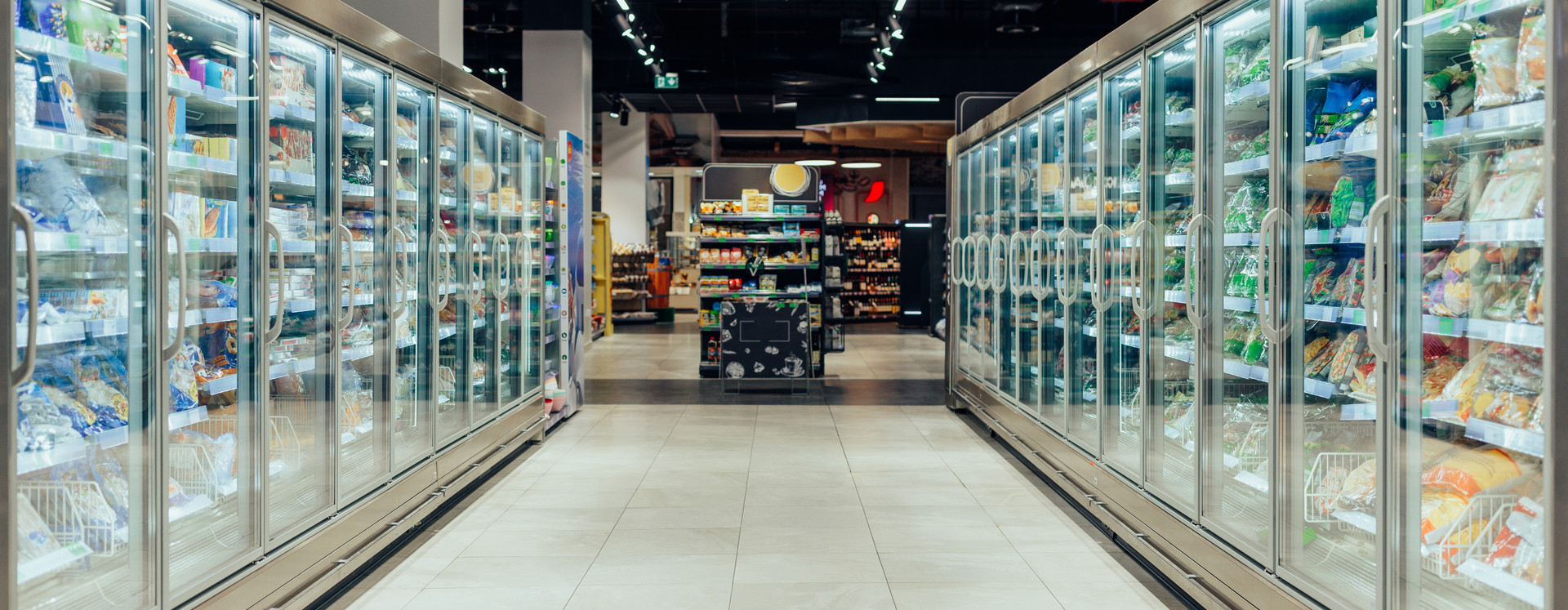 Commercial supermarket freezer aisle with glass-door refrigeration units and frozen food storage, highlighting energy-efficient cold storage solutions, grocery retail refrigeration systems, and reliable backup power infrastructure for food retail operations