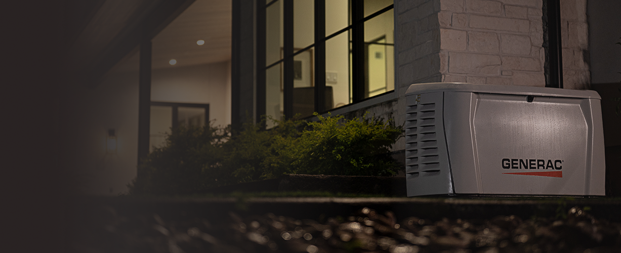 Generac home generator powering a home in a rainstorm
