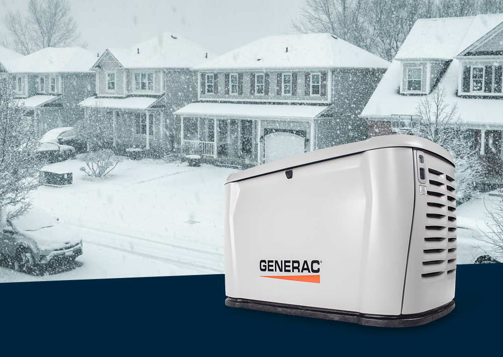 a generac home generator overlayed on top of a winter image with snow