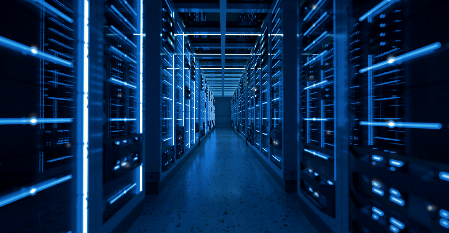 gif of a blue data center with twinkling lights