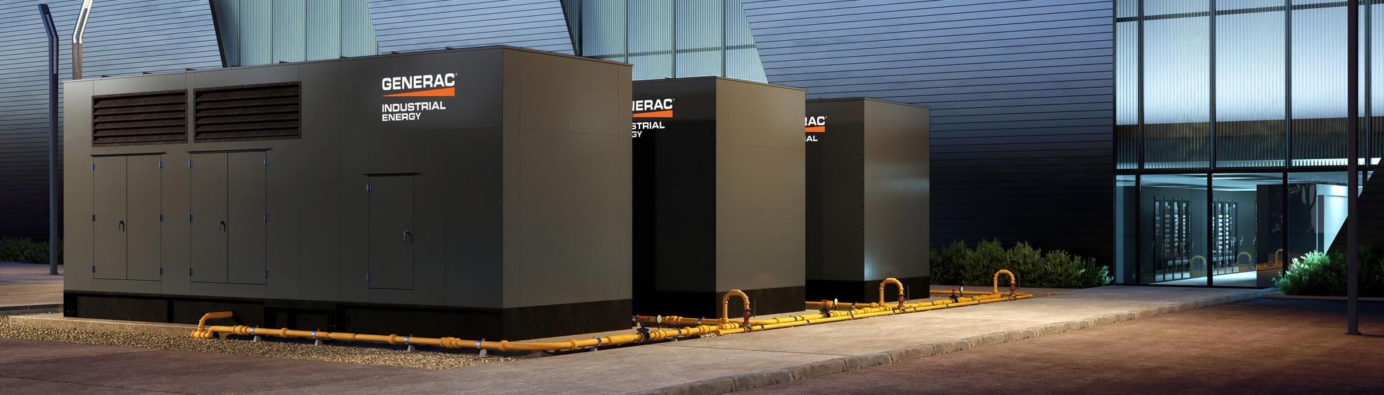  Three large Generac generators are installed outside a data center