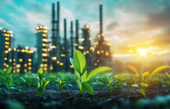 Green plants growing in soil with industrial plant in the background to symbolize sustainability