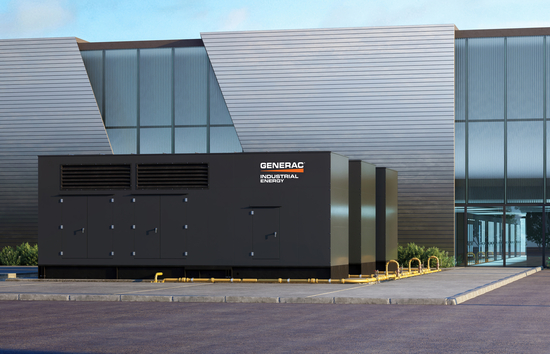 Three Generac Industrial Energy natural gas generators at a data center application  Alt Text is a detailed description of what an image is conveying to help people with visual impairments understand context. You need this for each image you want to use. 