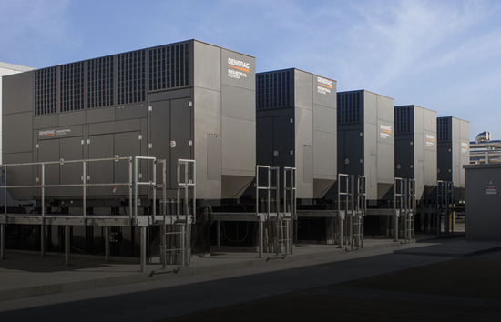 Row of Generac Industrial Power generators representing Bi-Fuel, Diesel, and Gaseous models available as BIM files for Revit-based industrial design projects