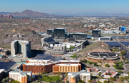 Skyilne image of Tempe, Arizona, home of Arizona State University. Image shows the ASU campus and sports complex