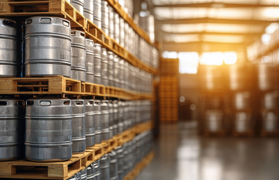 Image of a beverage distribution warehouse with beer kegs stacked on palettes.