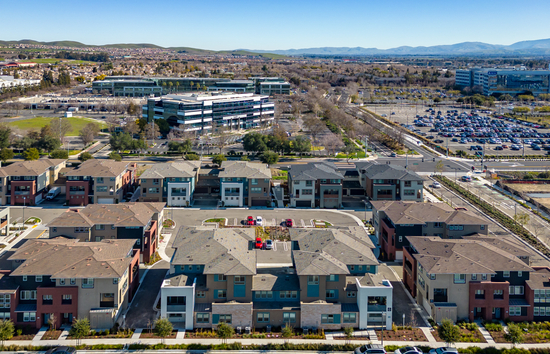 Image of the city of Dublin, California, skyline of some residences and commercial buildings
