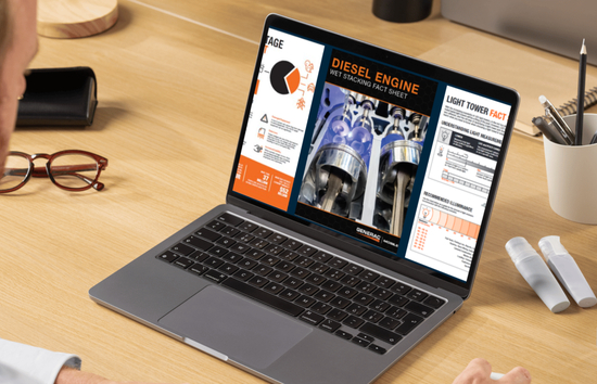 Engineer reviewing Generac fact sheets on diesel engine wet stacking and light towers on a laptop representing our downloadable mobile and backup power guides for specifying engineers and contractors