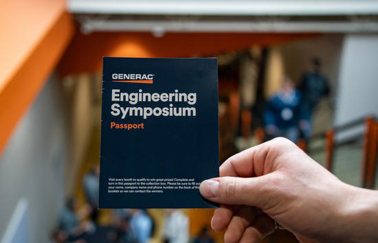 A hand holds a passport booklet for Generac Industrial Energy's Engineering Symposium, a biannual conference returning September 21–23, 2025. This 3-day event features PDH- and CEU-accredited sessions on generator sizing, paralleling, and codes and standards, as well as facility tours and peer networking.