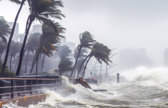 Image of a hurricane slamming into the city with water barreling over sea barricades and palm trees whipping in the wind