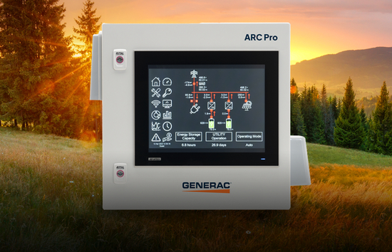 Generac ARC Pro microgrid controller displayed in front of a scenic mountain sunset, symbolizing clean, resilient, and intelligent energy management.