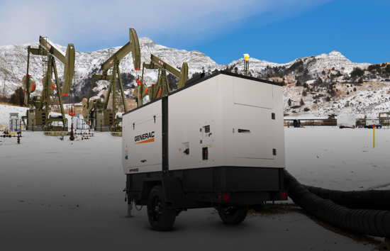 Generac mobile heater unit operating at a remote oilfield in winter. Access Generac heater and mobile pump manuals for reliable setup like this, as well as for service, and maintenance support