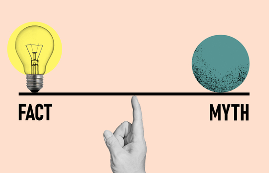 Image of a scale with myth and one end and facts at the other balancing on a pointed finger
