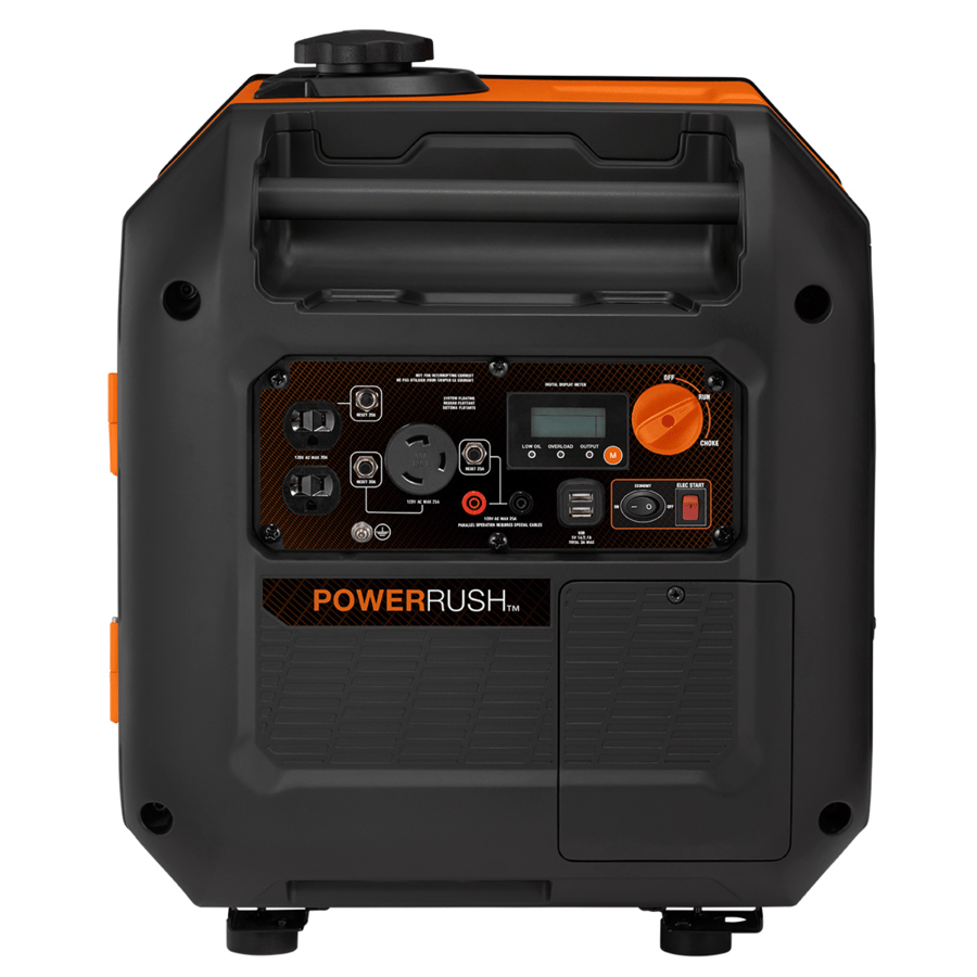 Enclosed black and orange inverter generator on white, viewed square onto its control face. Two stacked household outlets sit at the left, each with its own push-to-reset breaker button, beside a round twist-lock locking receptacle with its own breaker. At centre is a digital display meter with low-oil, overload and output indicator lamps and a mode button. At right are a large orange off, run and choke rotary knob, an economy toggle, a dual USB block, an electric-start rocker switch, and red and black parallel-operation terminals with a ground lug below. A tubular carry bar runs across the top beneath the screw-on fuel cap, a louvred vent panel and a hinged service door occupy the lower half, and four rubber isolation feet support the frame.