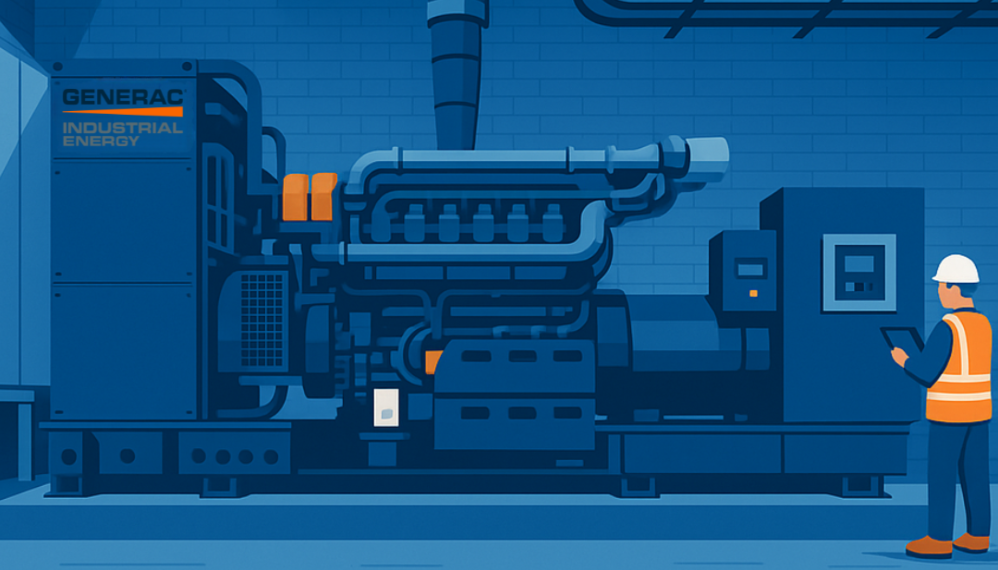 Illustration of a Generac Industrial Energy 3.25 MW generator system with technician monitoring via tablet, representing Generac’s exhibit at the 2025 7x24 Exchange Fall Conference, focused on data center power reliability and the impact of AI, October 19–22 in San Antonio, TX.