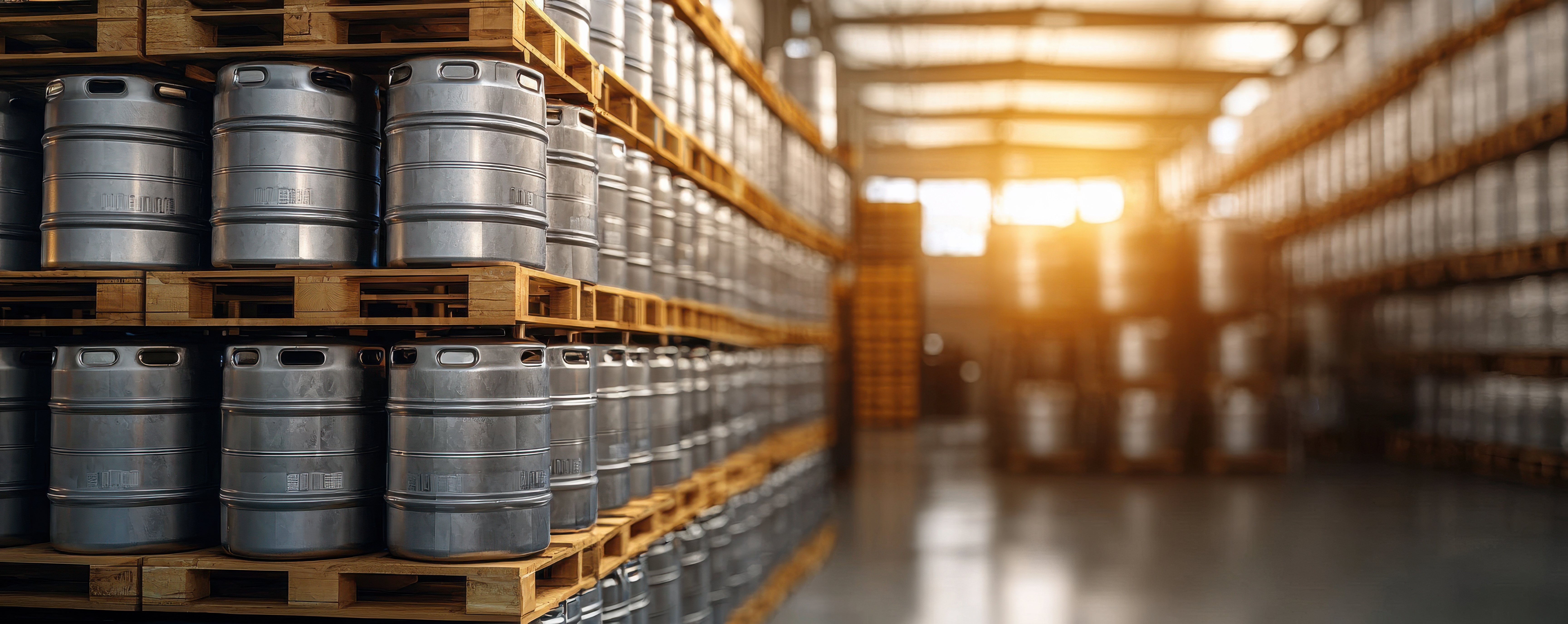 Image of a beverage distribution warehouse with beer kegs stacked on palettes.
