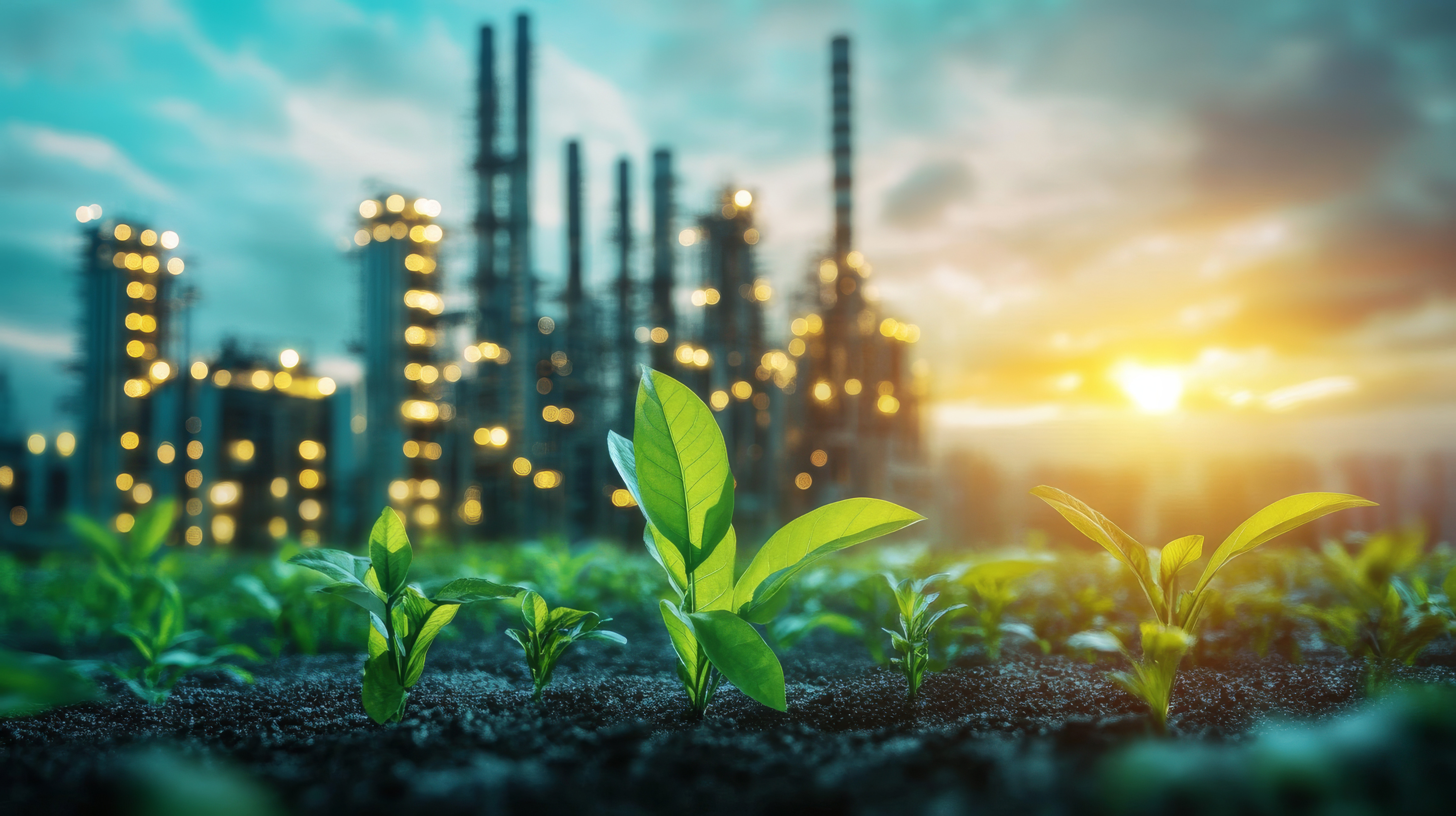 Green plants growing in soil with industrial plant in the background to symbolize sustainability