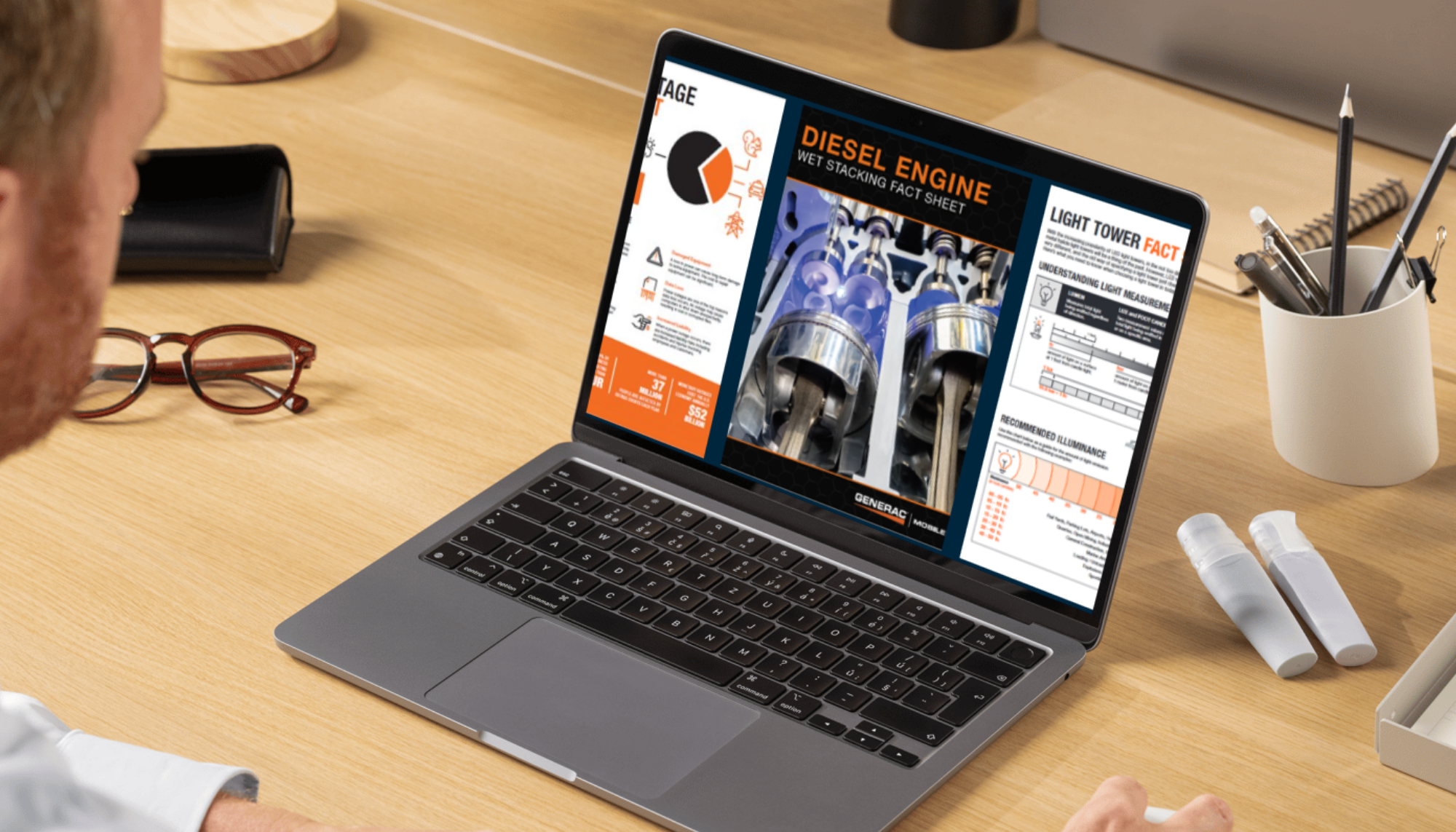 Engineer reviewing Generac fact sheets on diesel engine wet stacking and light towers on a laptop representing our downloadable mobile and backup power guides for specifying engineers and contractors
