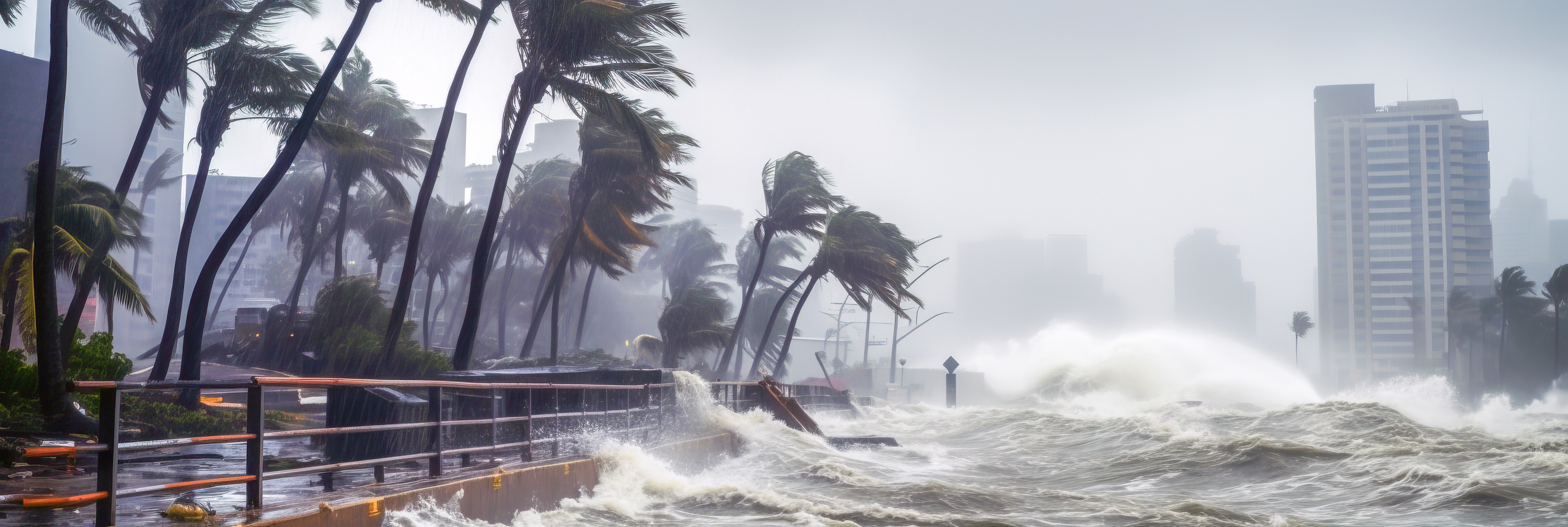 Image of a hurricane slamming into the city with water barreling over sea barricades and palm trees whipping in the wind