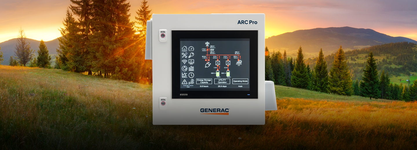 Generac ARC Pro microgrid controller displayed in front of a scenic mountain sunset, symbolizing clean, resilient, and intelligent energy management.