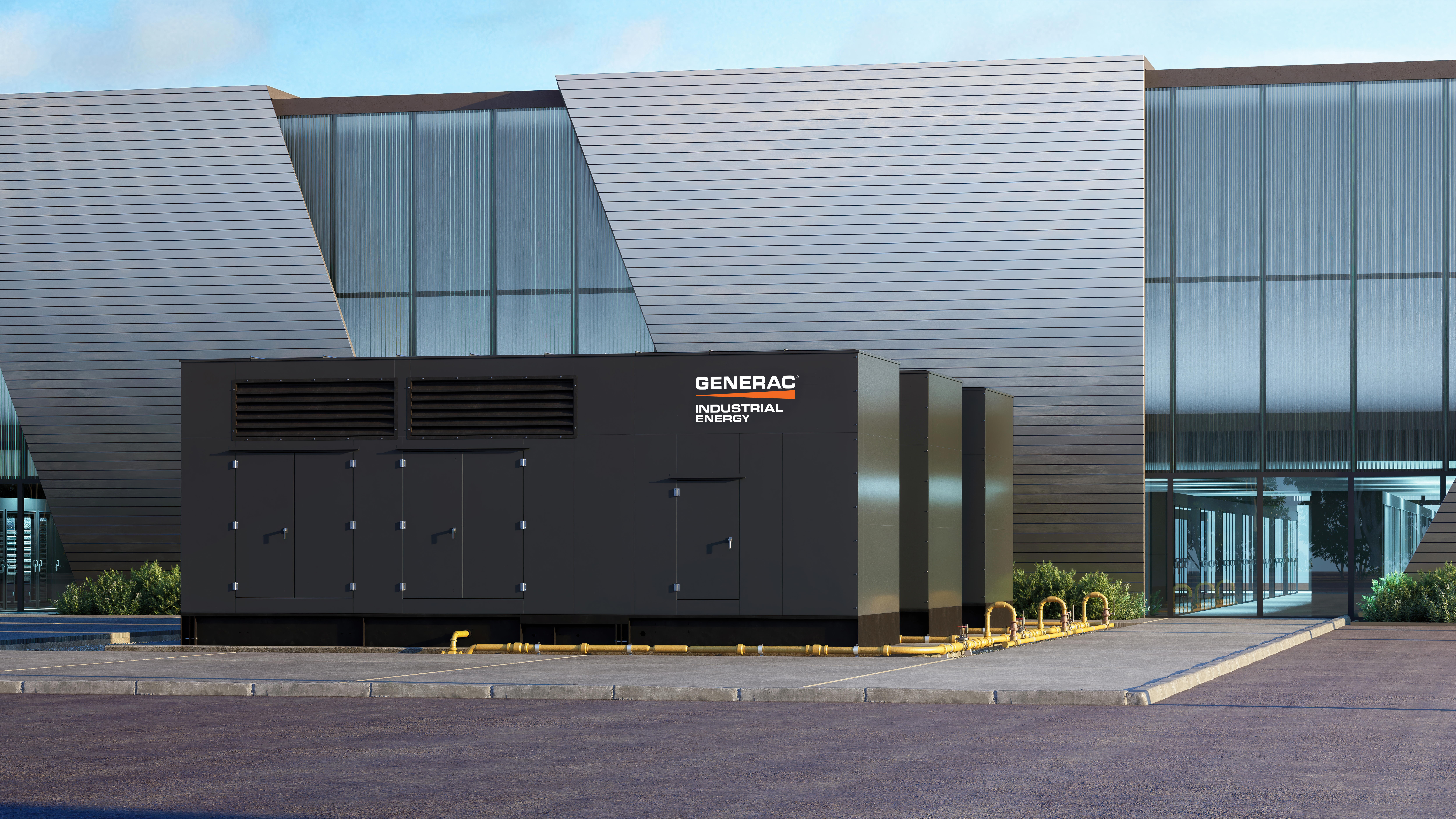 Three Generac Industrial Energy natural gas generators at a data center application  Alt Text is a detailed description of what an image is conveying to help people with visual impairments understand context. You need this for each image you want to use. 