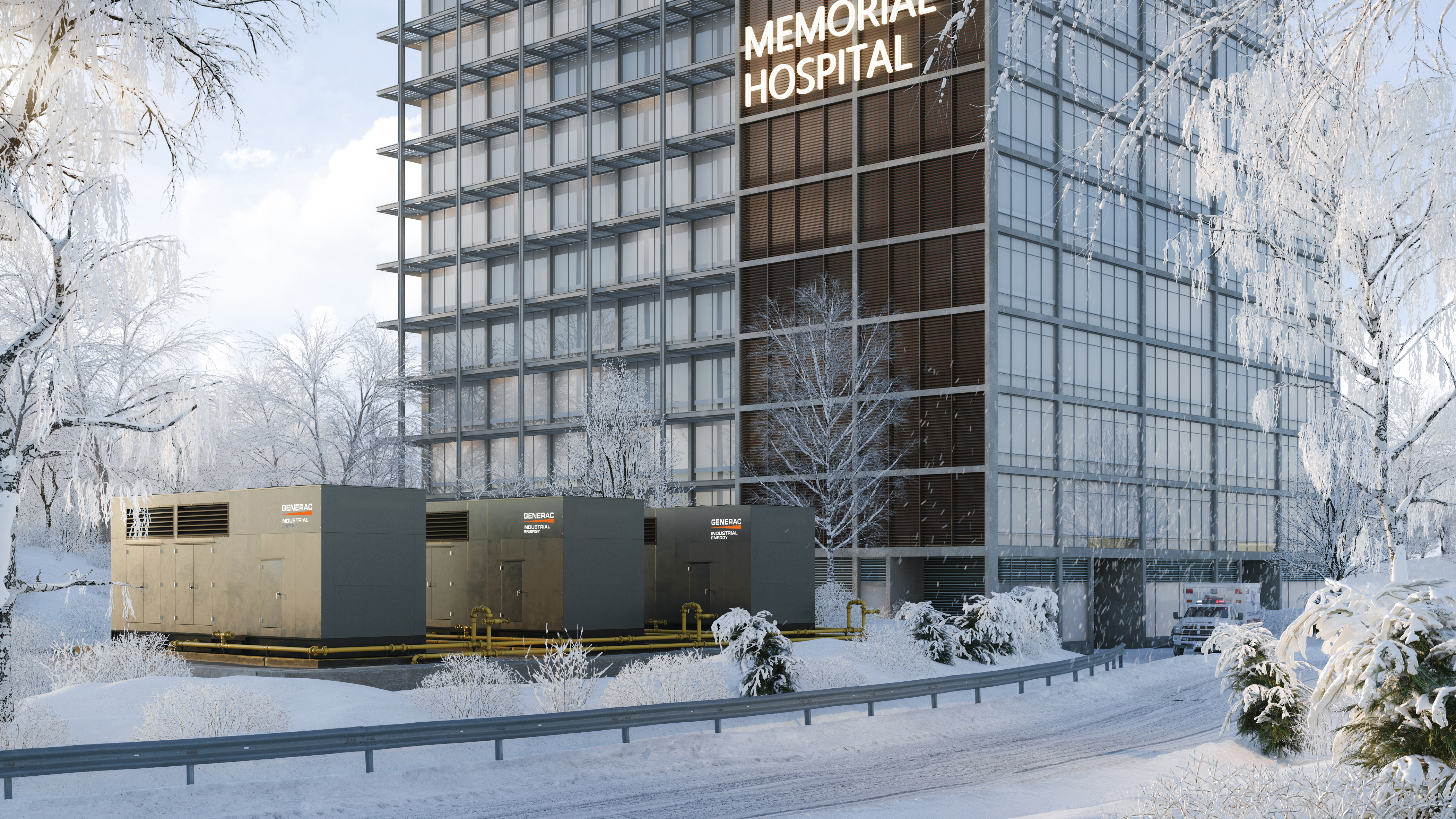 Three industrial natural gas generators outside of a hospital building during winter