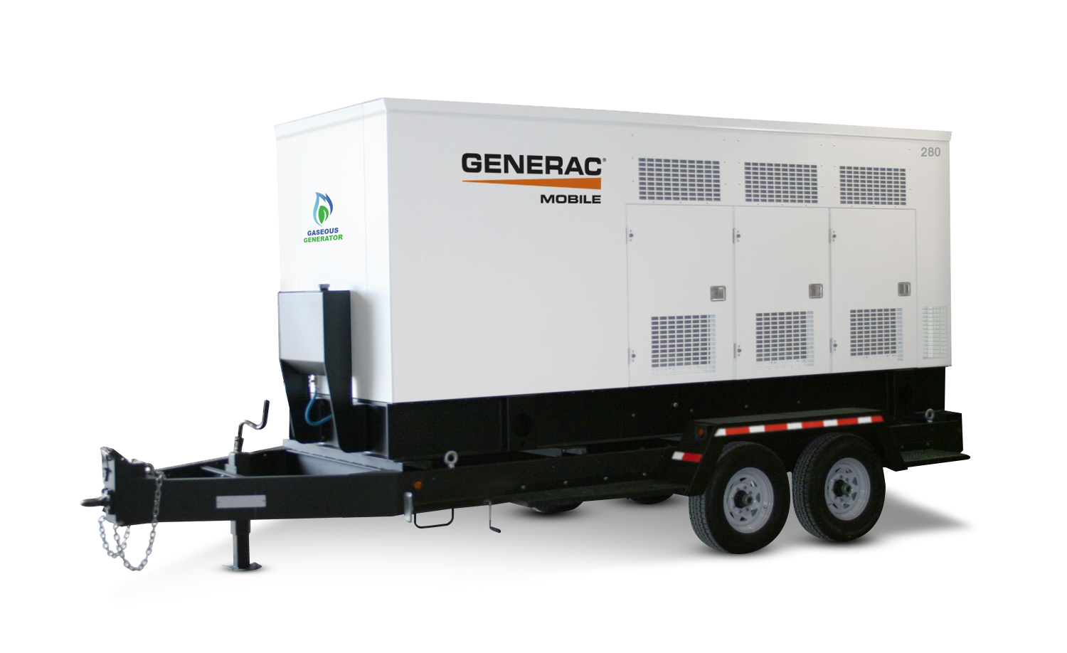 Product image on a white background of a Generac MGG280 mobile gaseous generator.