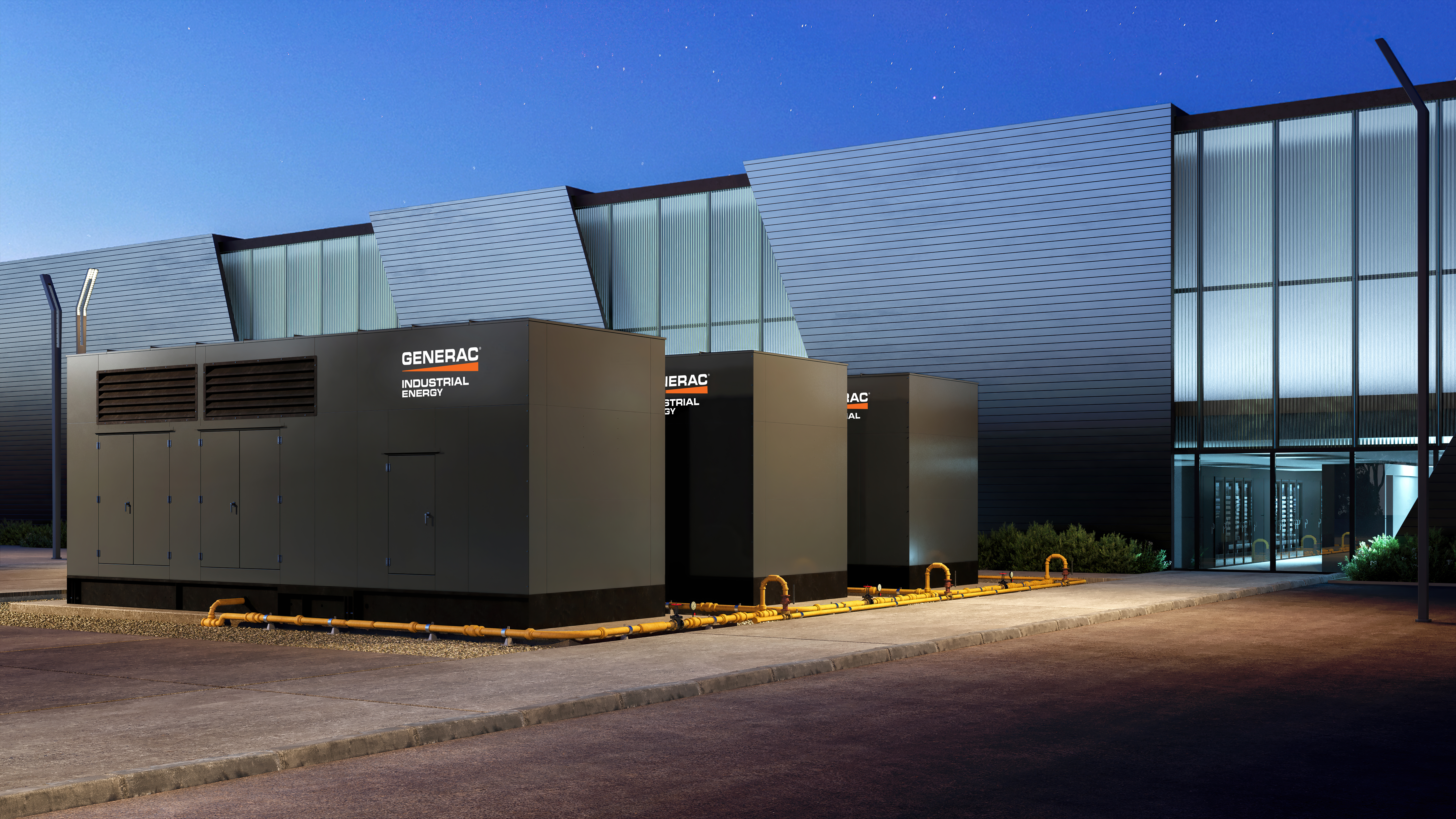  Three large Generac generators are installed outside a data center