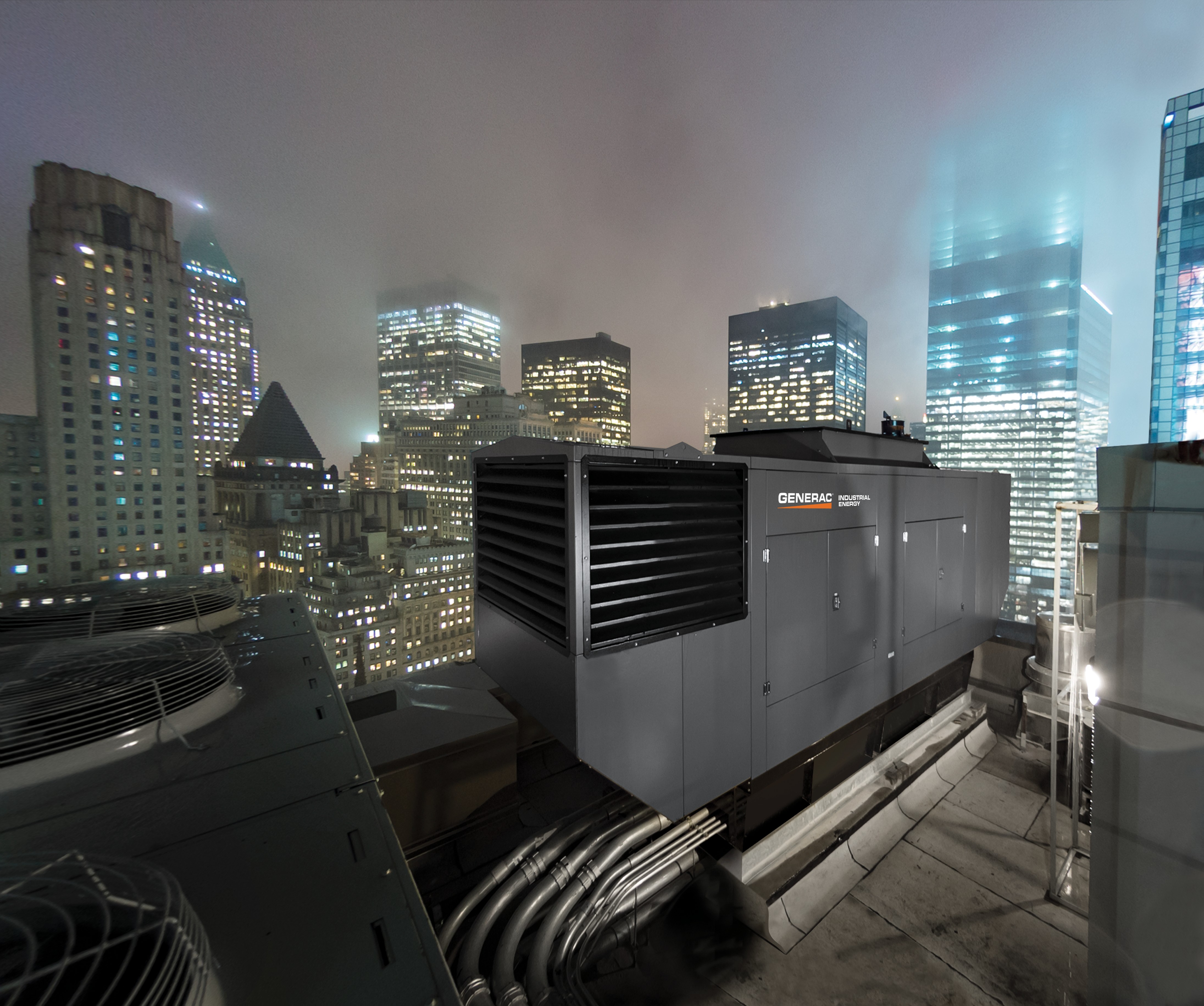  A dark gray Generac generator is lifted onto a rooftop by a crane