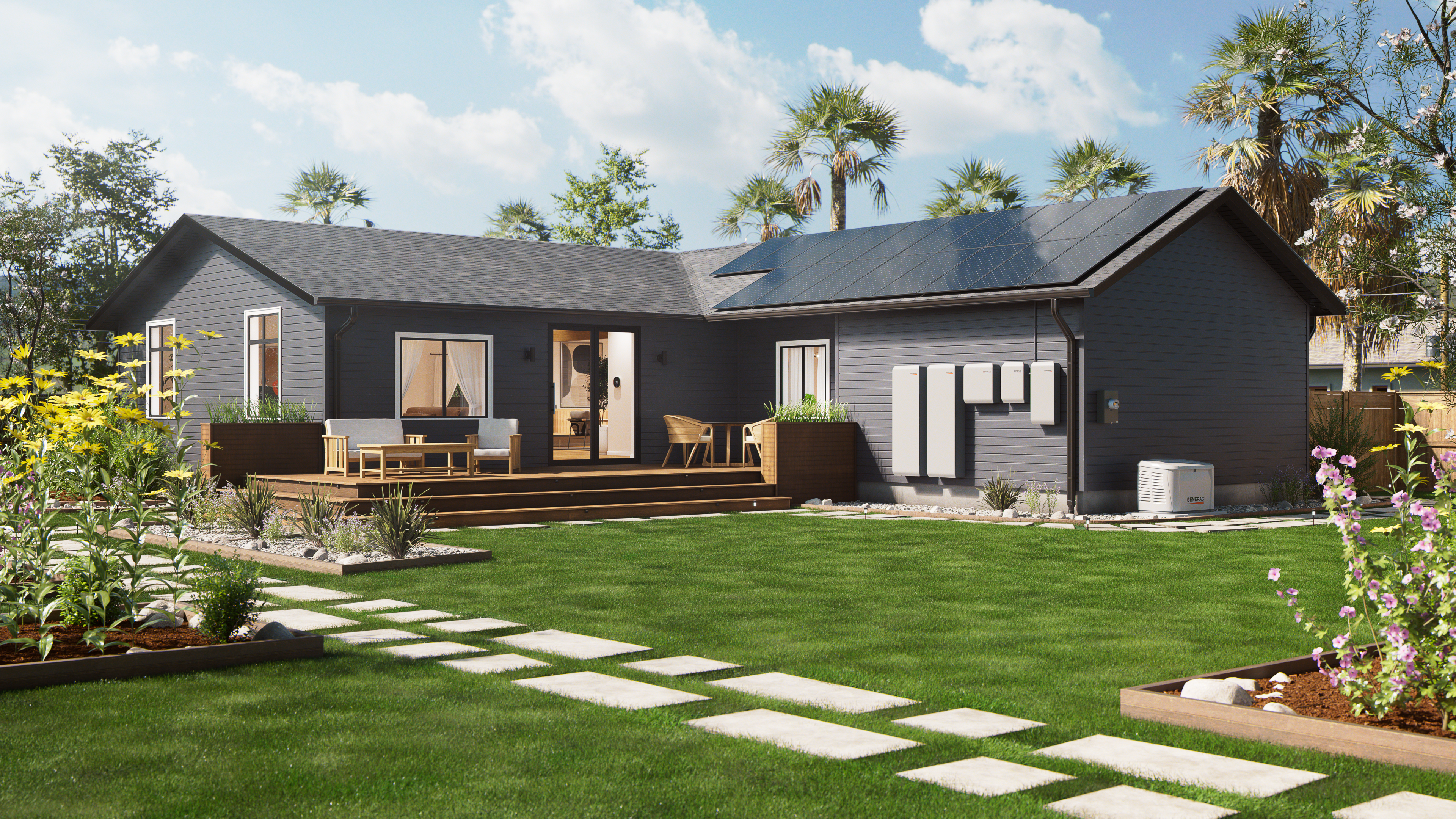  Generac home standby generator, PWRcell battery storage system and solar panels are connected to a gray house
