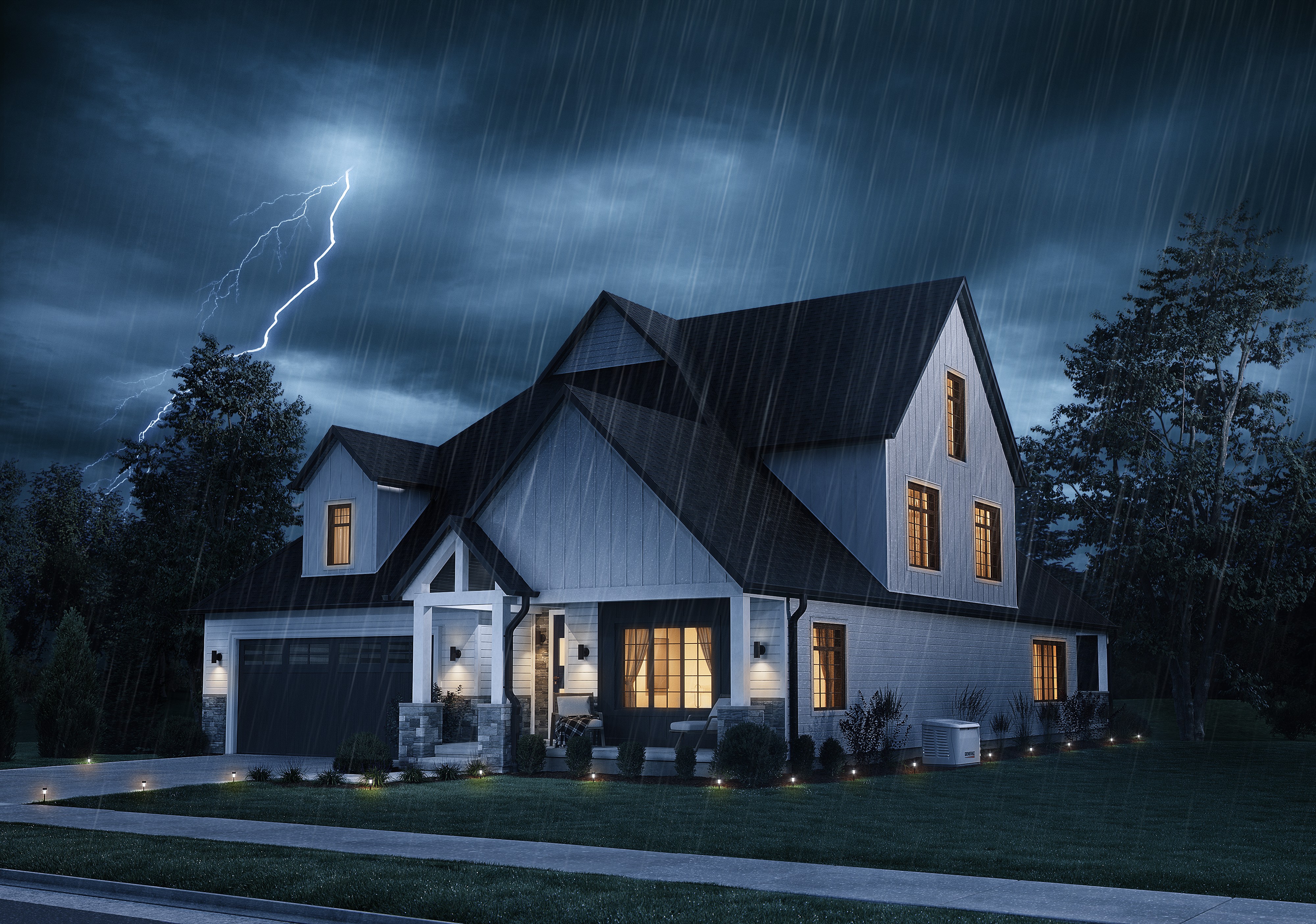 Generac home standby generator sits outside a home during a thunderstorm at night