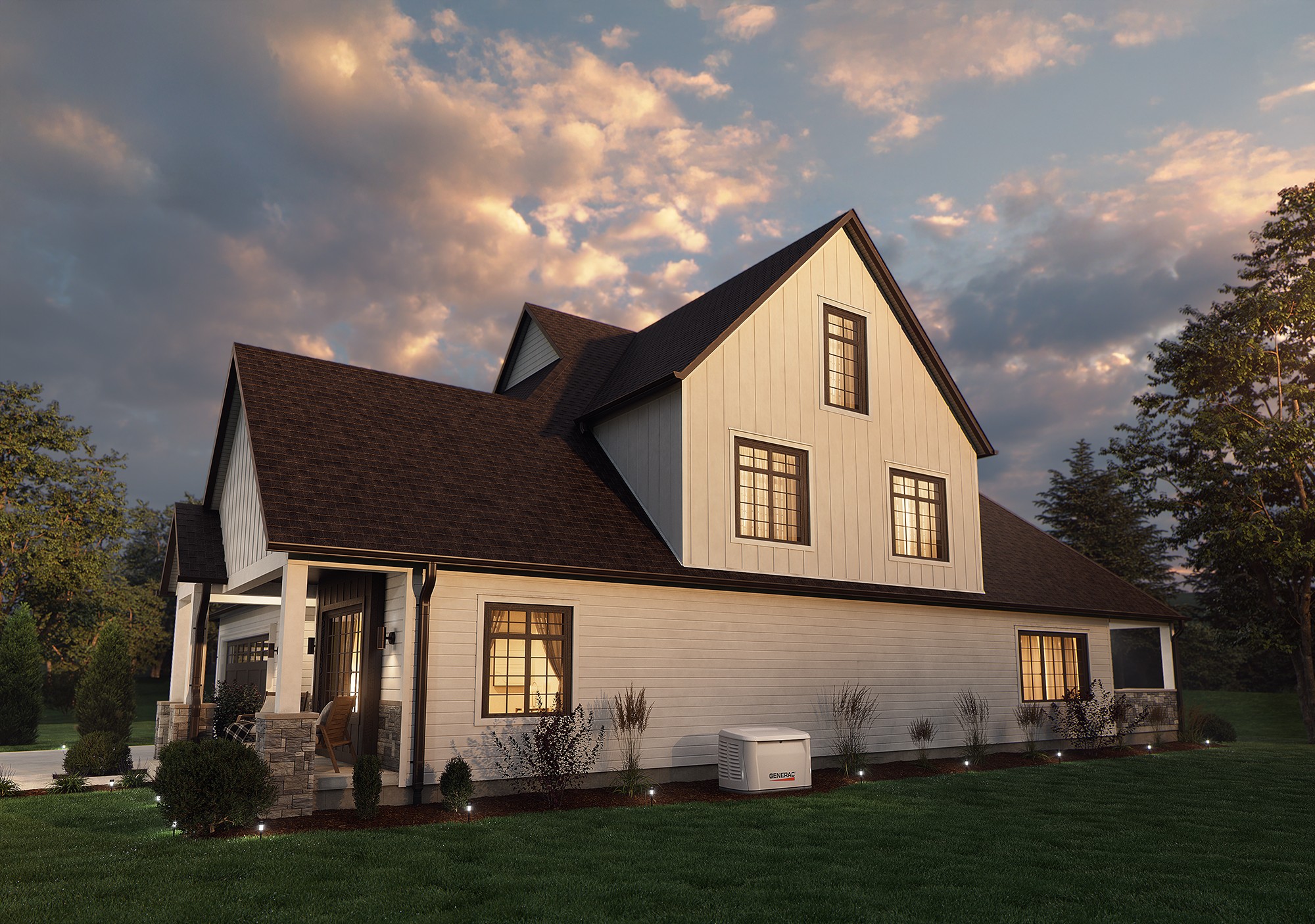 Generac home standby generator sits outside a home at sunset