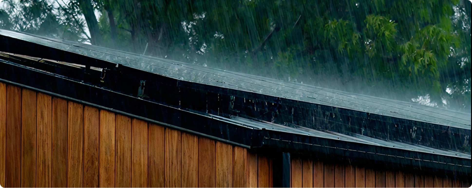 Rain falling on solar panels mounted on a roof surface.