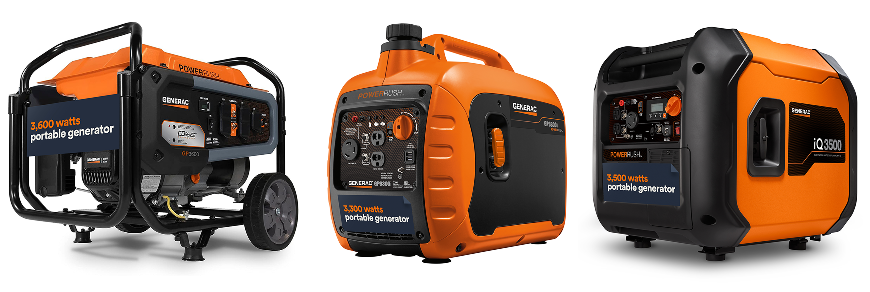 Three Generac portable power solutions are displayed side by side, showing various generator and power station options