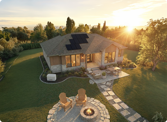 birds eye view of a Generac Home Energy system installed on a house in the summer.